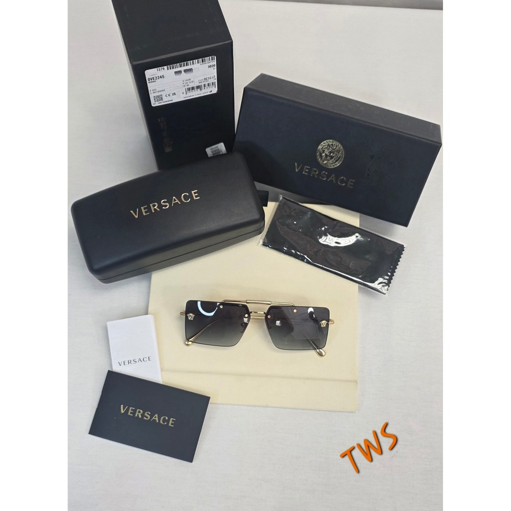 Versace VE2245 Gold Rectangular Sunglasses Grey Gradient Lens Made in Italy NEW